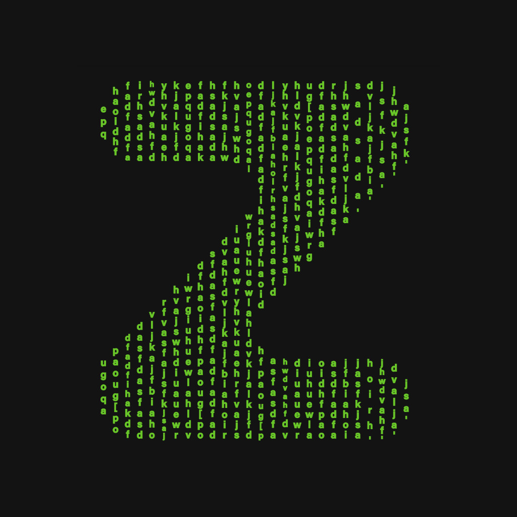 A large, green letter Z stands-out against a black background and columns of smaller, translucent green letters.